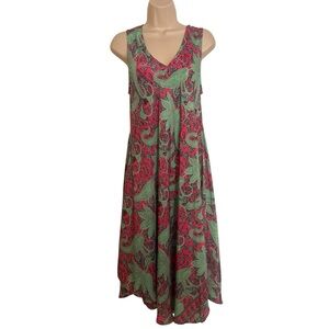Sleeveless Green and Pink Silk Blend Paisley Dress Made in India